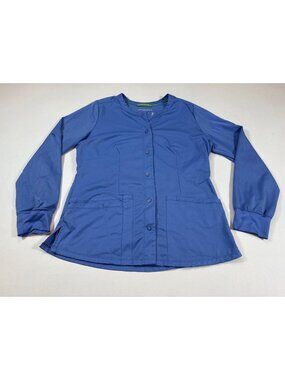 HH Works By Healing Hands Womens Blue Scrub Jacket S Snap Front 2-Pockets (F435)
